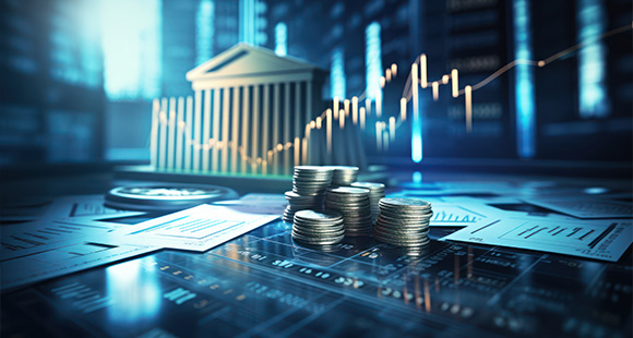 stacks of coins on financial documents with a bank building and a rising stock chart financial growth investment analysis