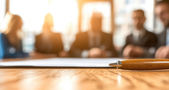 a pen resting on a wooden table with a blurred business meeting in the background and three people discussing important documents