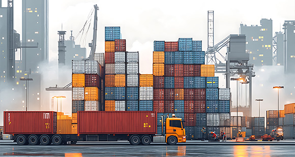 A busy shipping port with a large orange truck parked in front of a towering stack of colorful shipping containers showcasing efficient logistics and trade operations near an industrial backdrop with cranes and a misty atmosphere featuring eight shipping containers prominently arranged for transport.